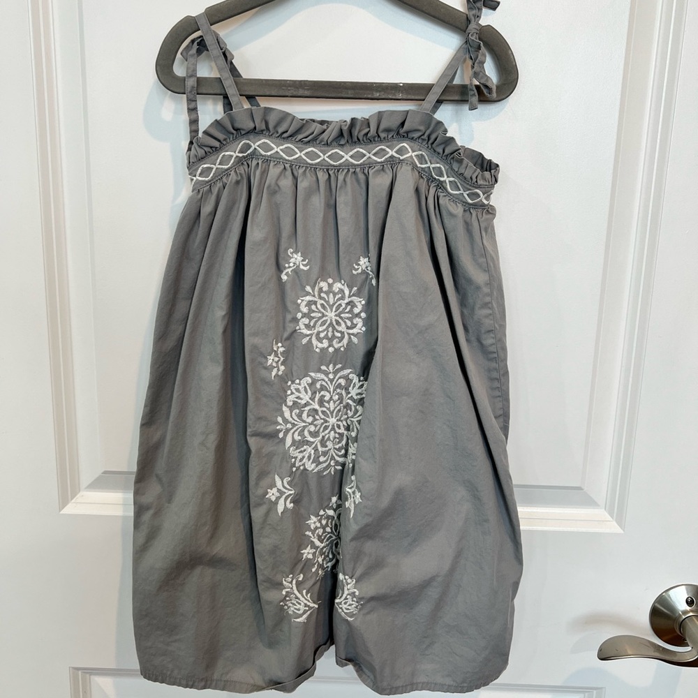 Girls Sun Dress Gray with White Embroidery Spaghetti Straps 4T